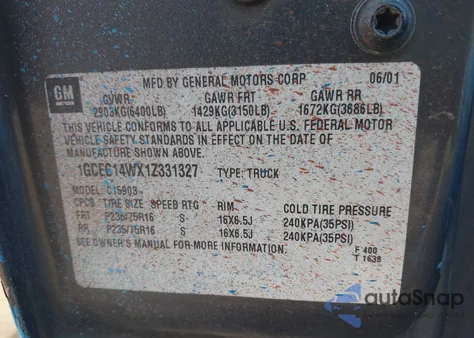 2001 Chevrolet Silverado 1500 from USA, damaged, VIN 1GCEC14WX1Z331327